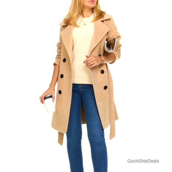 Double-Breasted Faux Wool Trench Coat Belted Waist Mid-Thigh Length